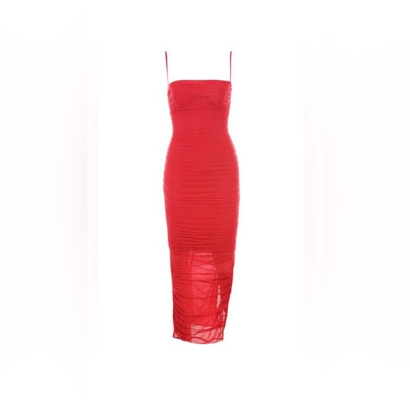 House Of CB Fornarina Red Ruched Bodycon Organza
Mesh Midi Dress with Side Slit - Picture 14 of 16